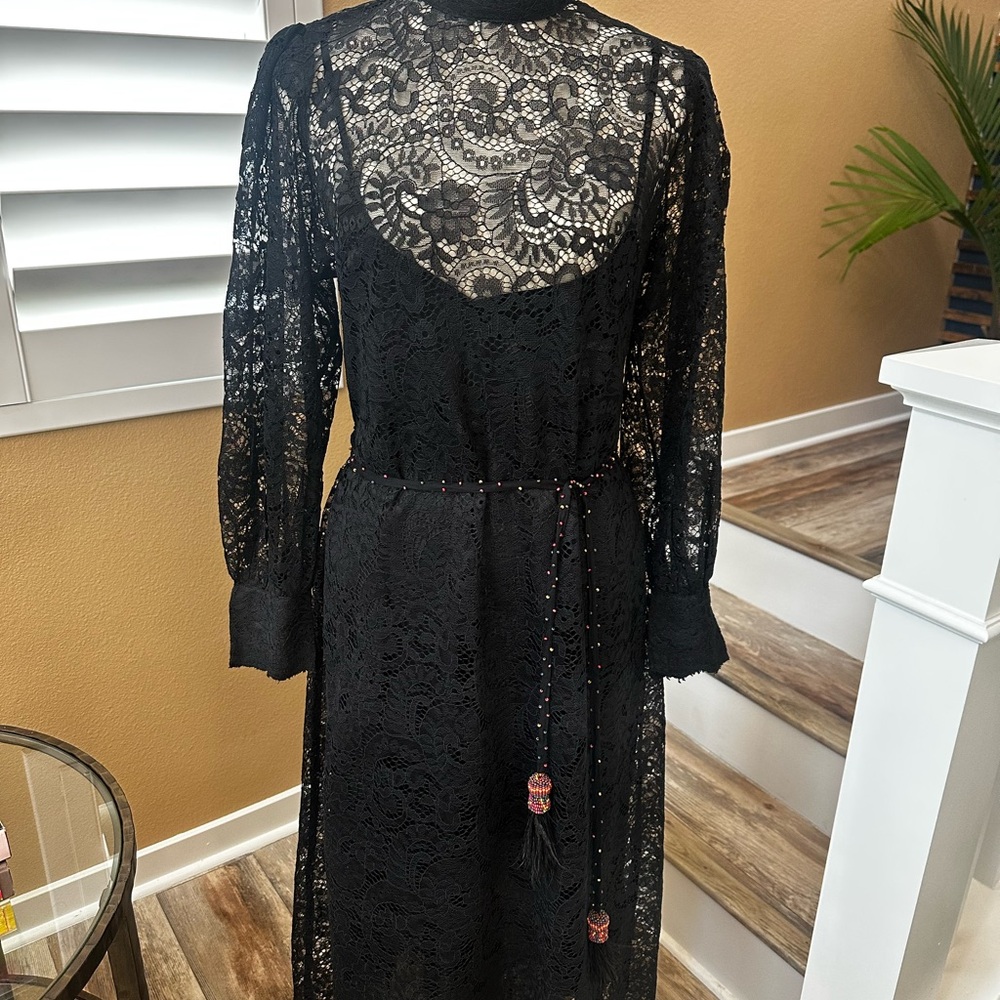 Farm Rio - Black Sheath Dress with Bishop Sleeves and Mock Neck